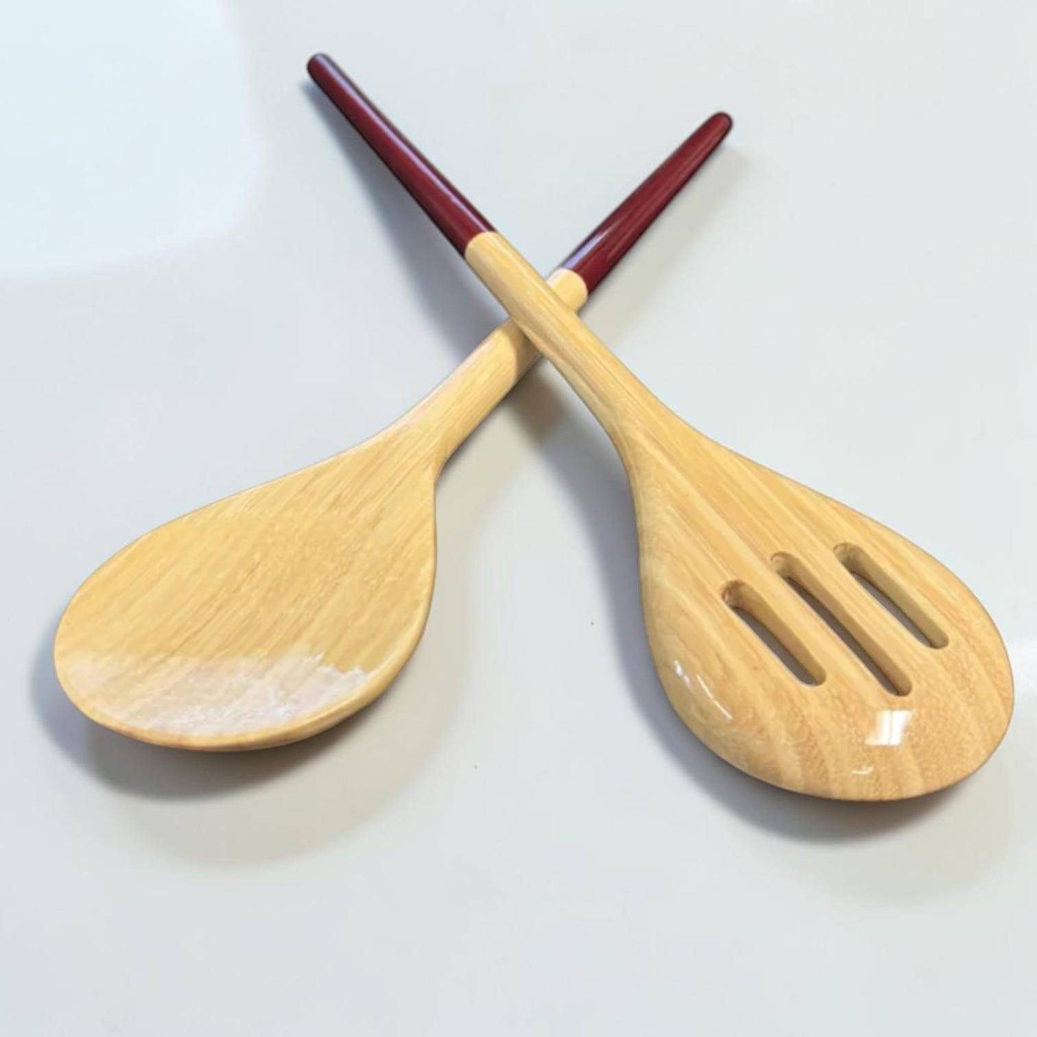 Superleichtes Albert L. Bambus-Salatbesteck in Brombeere, naturfarbene Holzoptik, Löffel & Gabel, ca. 32,5 cm  