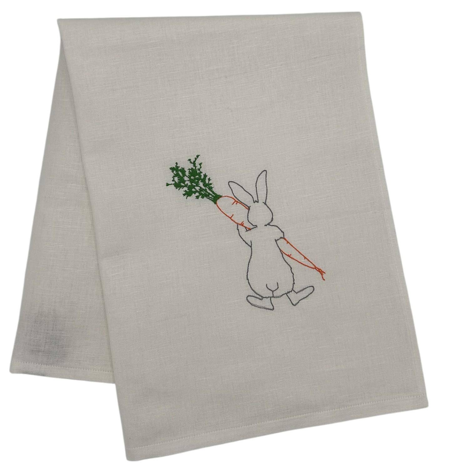 UniKate Halbleinen Geschirrtuch Hase mit Möhre - bestickt