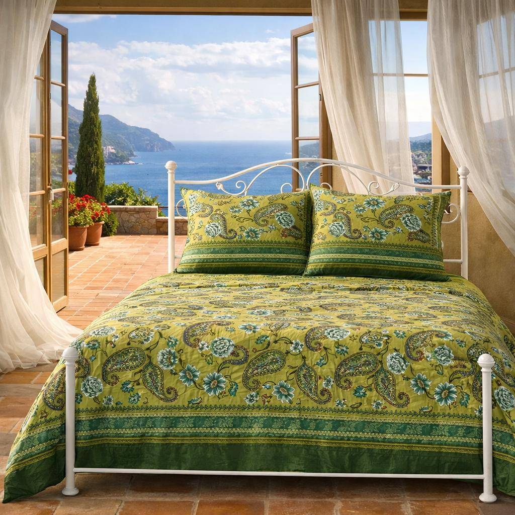 Bassetti Bettwäsche Rapallo V1 in Grün mit Paisley Muster und Blumen auf weißem Metallbett im mediterranen Schlafzimmer mit Meerblick
