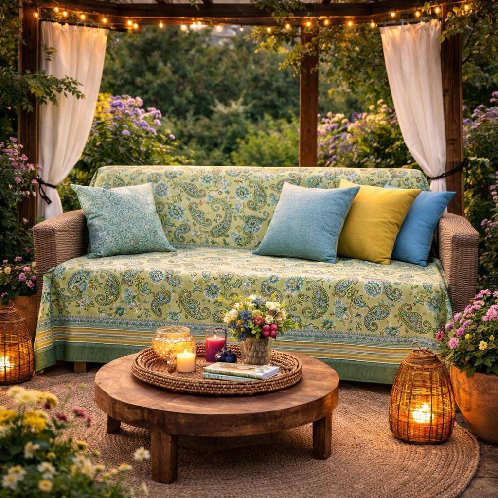 Bassetti Granfoulard Rappalo V1 in Grün mit Paisleymuster als stilvoller Couchüberwurf auf einer Gartenlounge unter einer Pergola