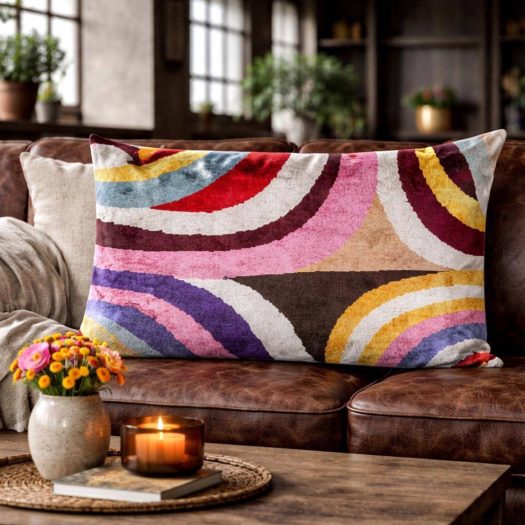 Kissenhülle 40 x 60 cm mit farbenfrohem, geschwungenem Muster in Pink, Gelb, Blau und Rot, Oberseite aus 100 % Seide