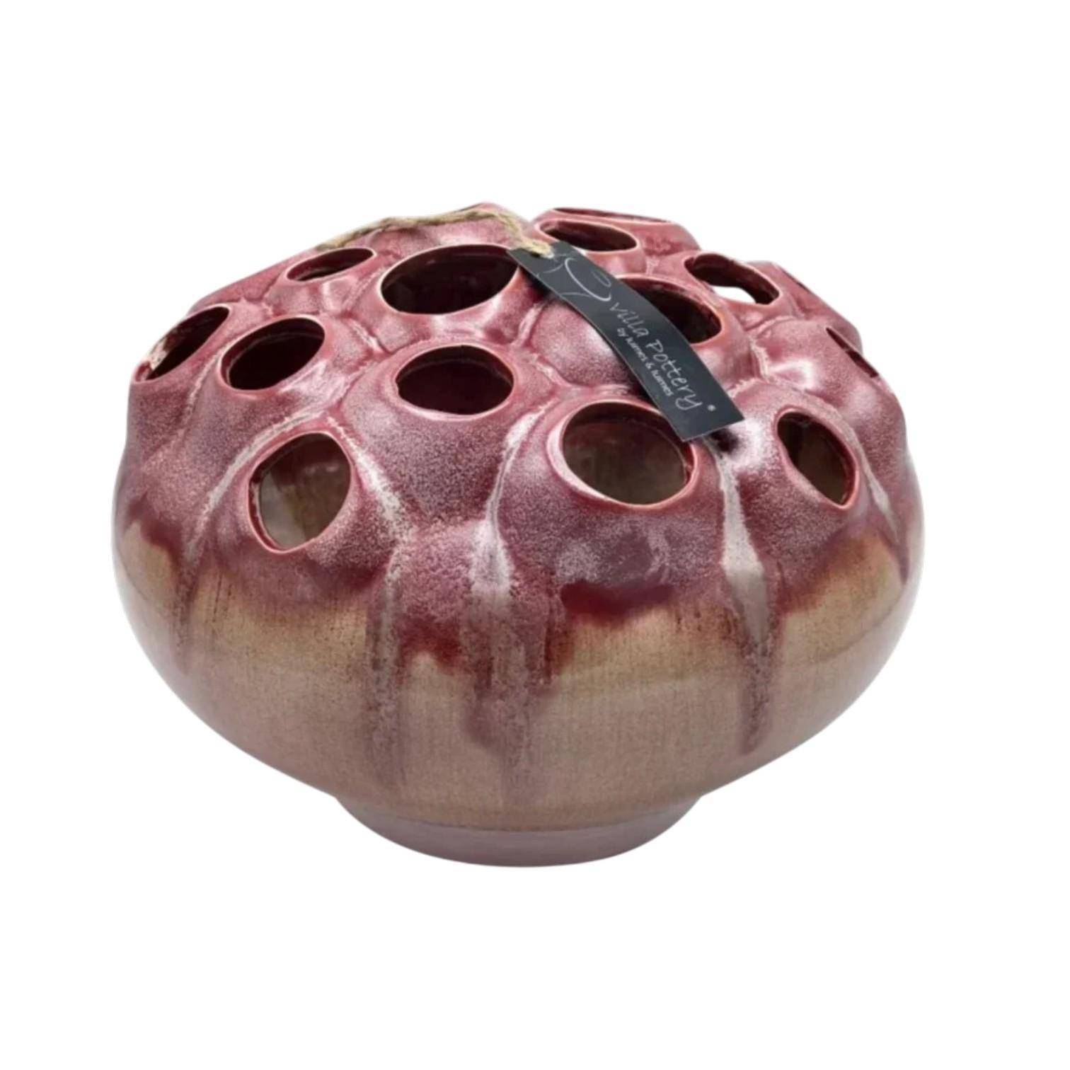 Luimes Vase in Rot-Pink, flache runde Form mit strukturierter Oberfläche und mehreren Öffnungen, Ø 30 cm, Höhe 22 cm  