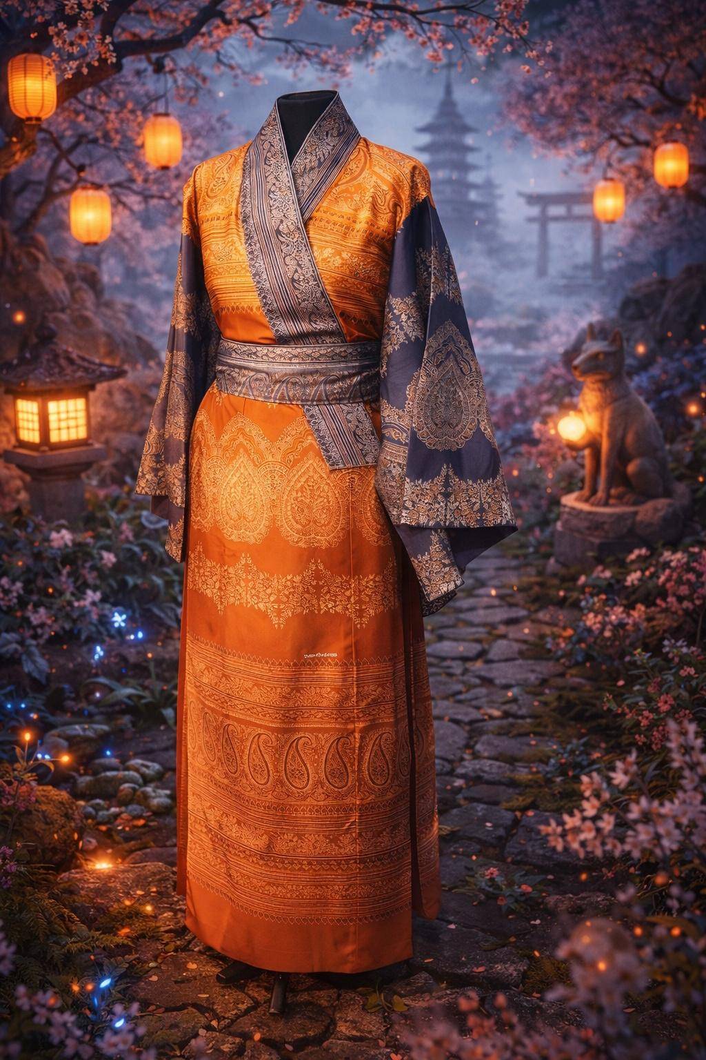 Bassetti Kimono Brunelleschi O1 S/M in warmem Orange mit aufwendigen ornamentalen Mustern und kontrastierenden Ärmeln, elegant gebunden mit Gürtel