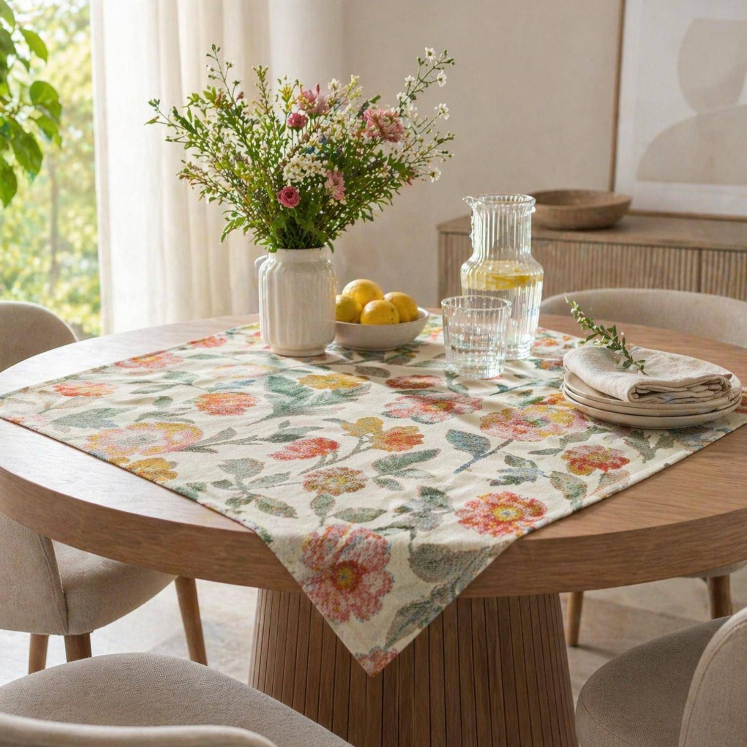 Florale Mitteldecke Hazel von Sander aus Jacquard auf rundem Holztisch, dekoriert mit Blumen, Zitronen, Glas und Geschirr in heller, moderner Wohnumgebung