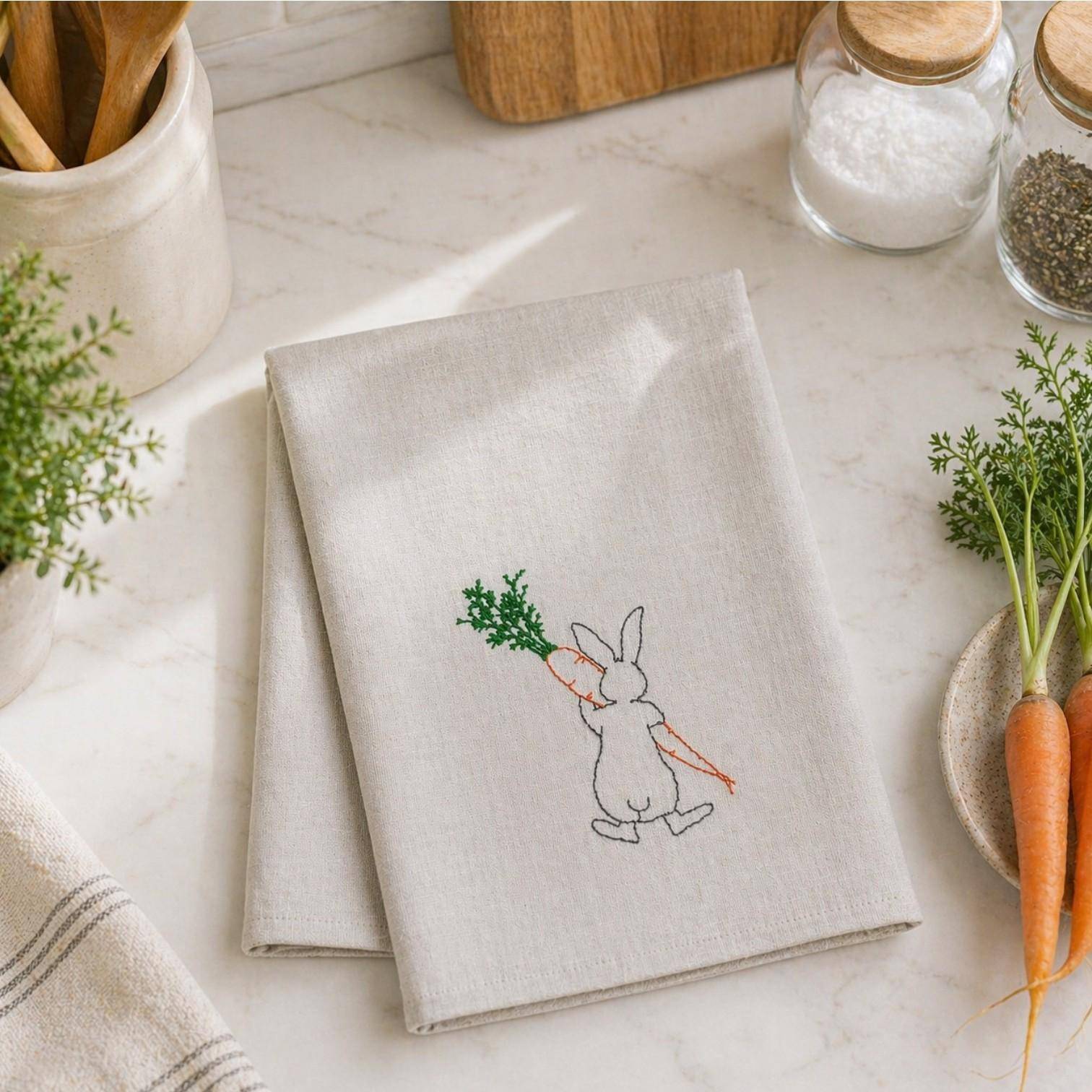 UniKate Halbleinen Geschirrtuch Hase mit Möhre - bestickt