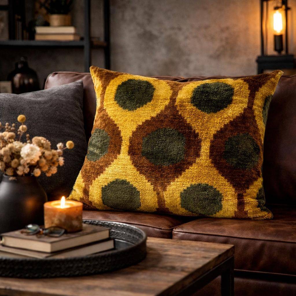 Quadratische Kissenhülle 50 x 50 cm mit grafischem Girlanden-Muster in Senf, Braun und Oliv, Oberseite aus 100 % Seide