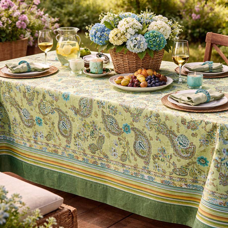 Bassetti Granfoulard Rappalo V1 in Grün mit Paisleymuster als dekorative Tischdecke auf einem sommerlich gedeckten Gartentisch