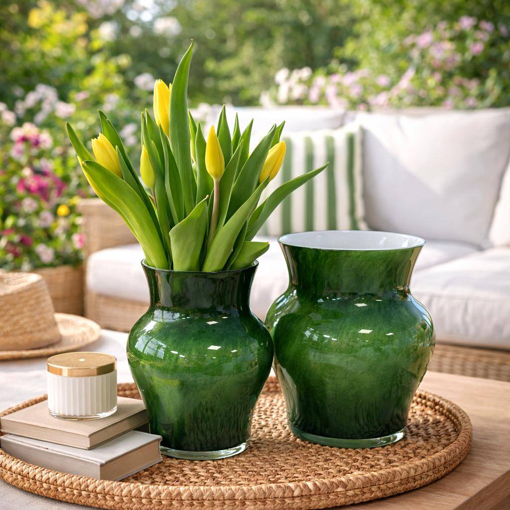 Paul Nagel Vase Viola dunkelgrün mundgeblasen mit Tulpen im Garten auf Tisch – modernes Outdoor Wohnambiente