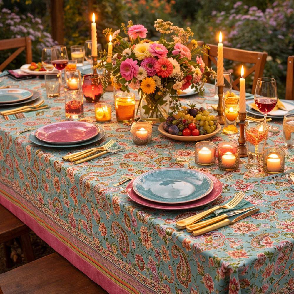 Bassetti Granfoulard Rappalo T1 in Türkis Fuchsia Paisley als Tischdecke auf sommerlich gedeckter Gartentafel
