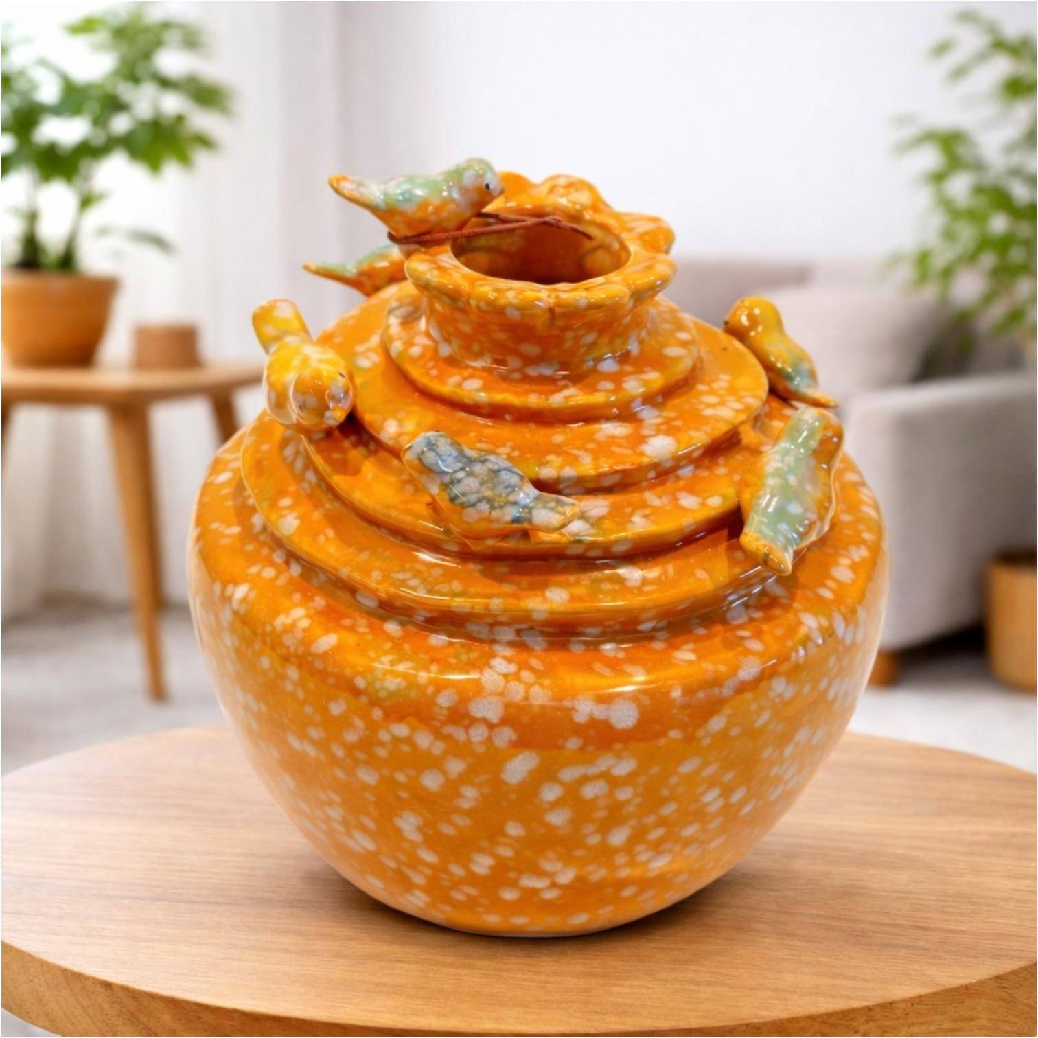 Luimes & Luimes Vase Lovely Birds in Orange Porzellan Designvase mit Vogel Dekor 17,5 x 17 x 17,4 cm