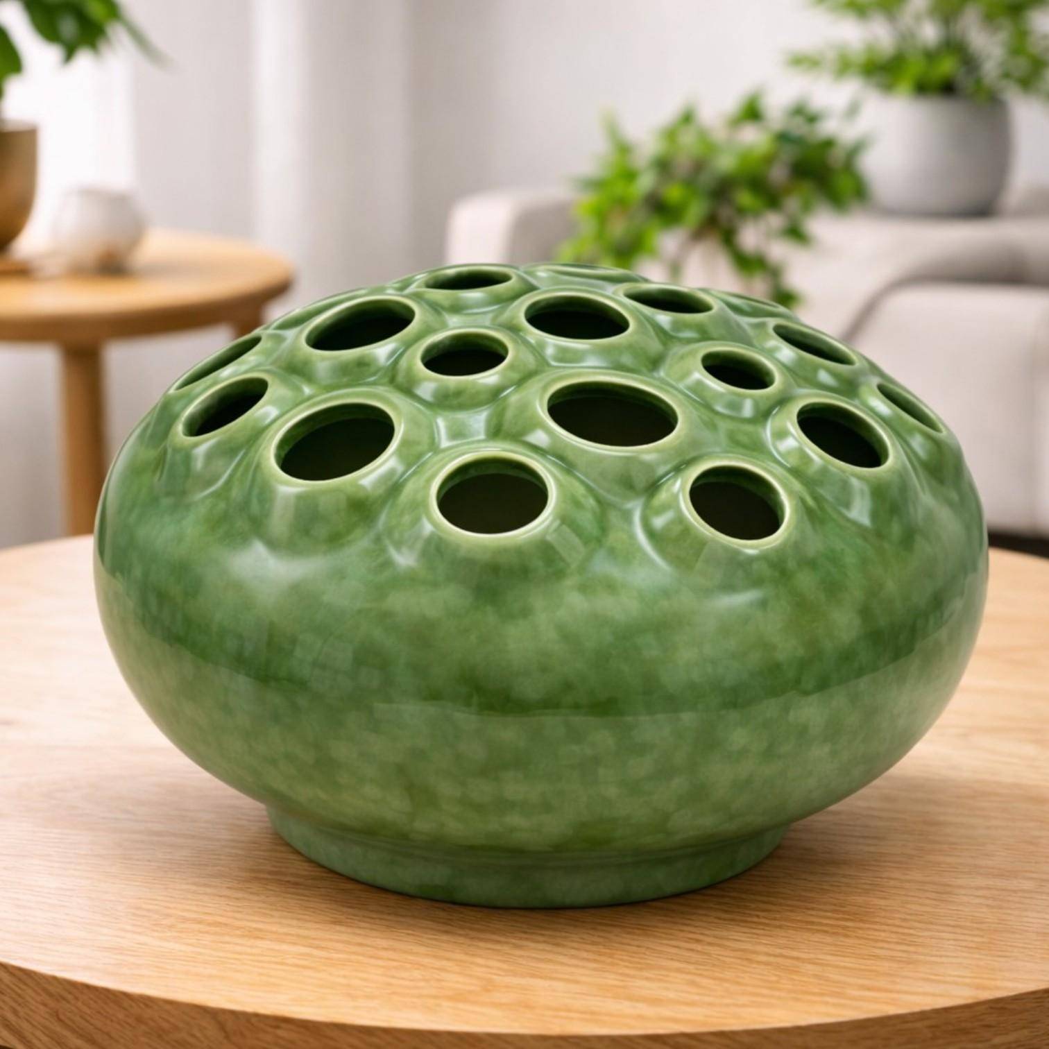 Luimes Vase in Grün, flache runde Form mit strukturierter Oberfläche und mehreren Öffnungen, Ø 30 cm, Höhe 22 cm  