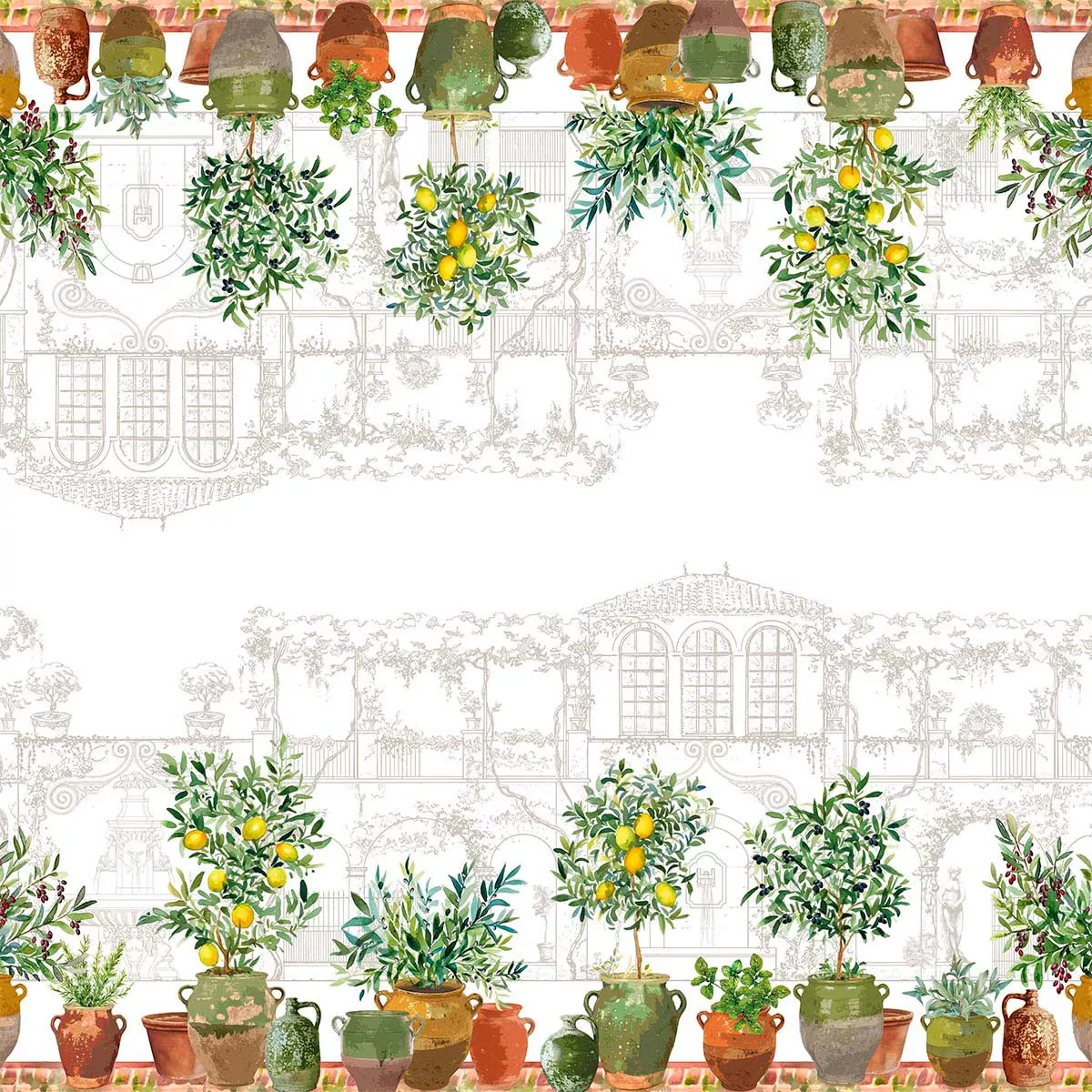 Detailansicht der Garnier Thiebaut Tischdecke Jardin Provençal Olive mit Olivenbäumen, Zitronen und Terrakotta-Töpfen im Provence-Stil