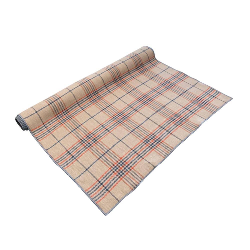 Vaitkute Leinen Tischläufer "Ula" Karo Orange/Blau - umkettelt 47 x 145 cm