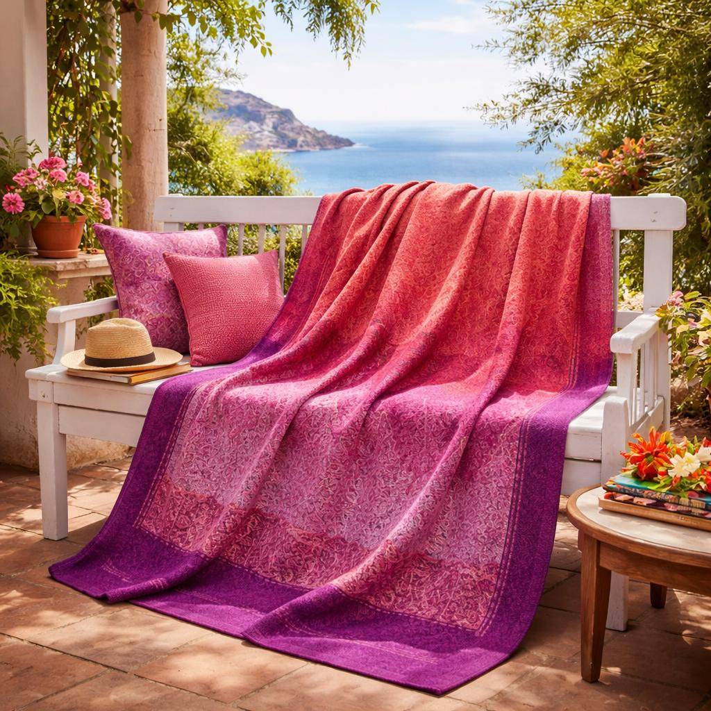 Bassetti Plaid Dolceacqua P1 in Fuchsia und Koralle mit Paisley Muster als leichte Sommerdecke auf Gartenbank mit Meerblick
