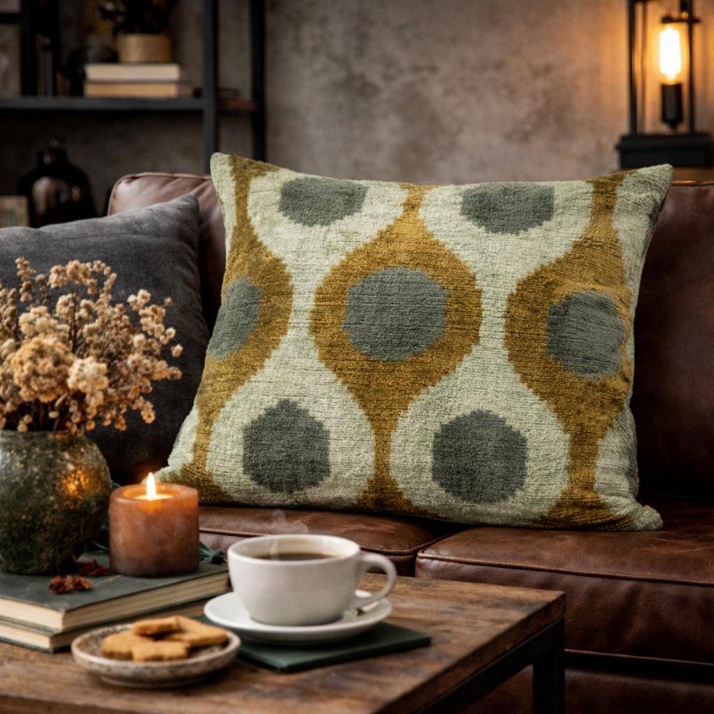 Quadratische Kissenhülle 50 x 50 cm mit grafischem Girlanden-Muster in Salbei, Curry und Mint, Oberseite aus 100 % Seide, Hintergrund im Industrie-Stil