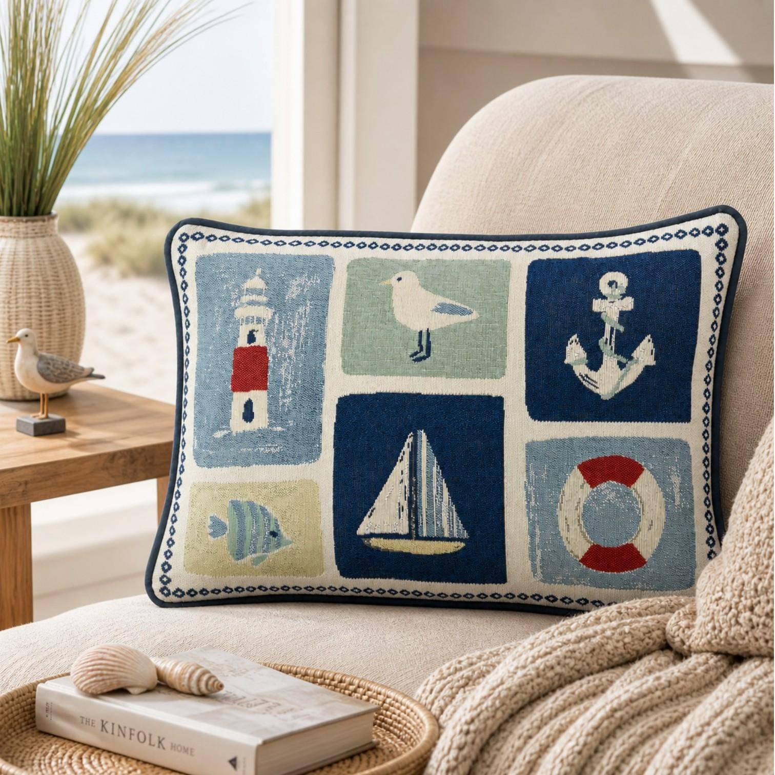 Sander Kissen Montauk maritim auf Sofa im hellen Küsten Wohnstil