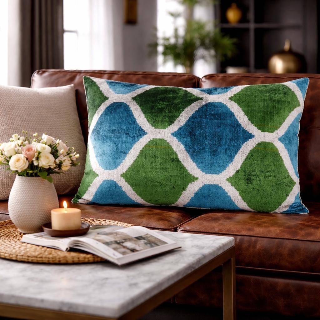 Kissenhülle 40 x 60 cm mit geometrischem Muster in Grün und Blau, Oberseite aus 100 % Seide