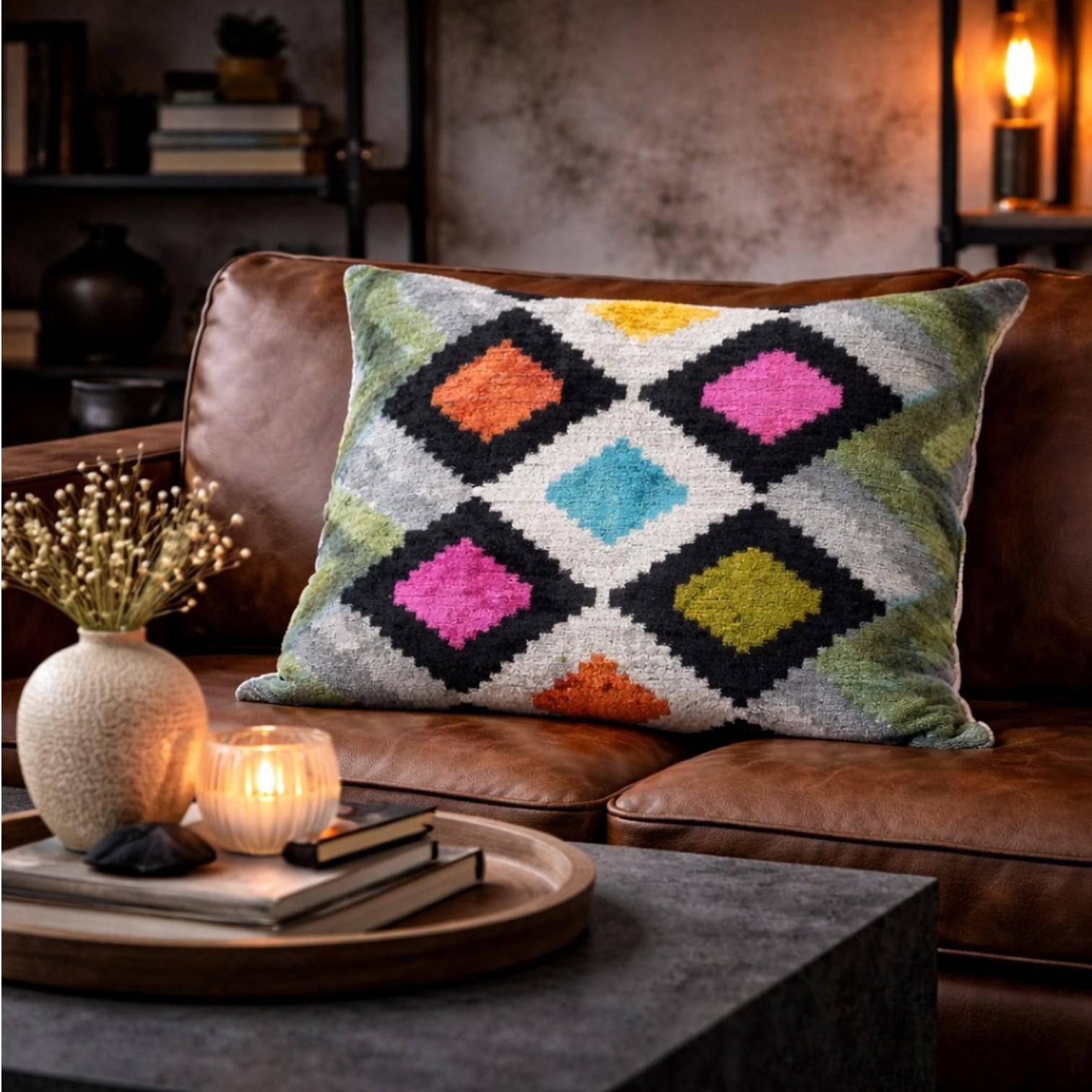 Seiden Kissenhülle 50 x 50 cm mit grafischem Muster in Grün und Multicolor auf braunem Ledersofa im Industrial-Style Wohnzimmer