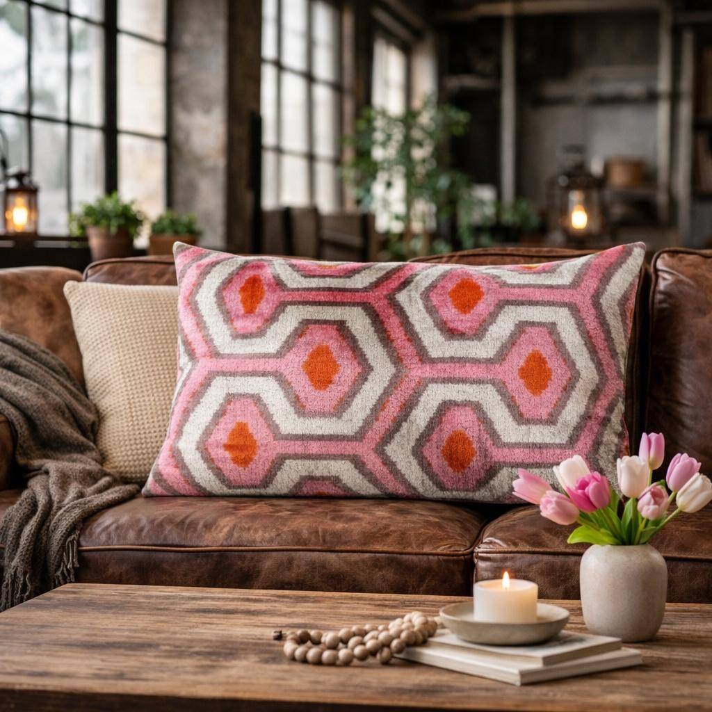 Kissenhülle aus Seide 40 x 60 cm mit geometrischem Labyrinthmuster in Pink, Greige, Offwhite und Orange