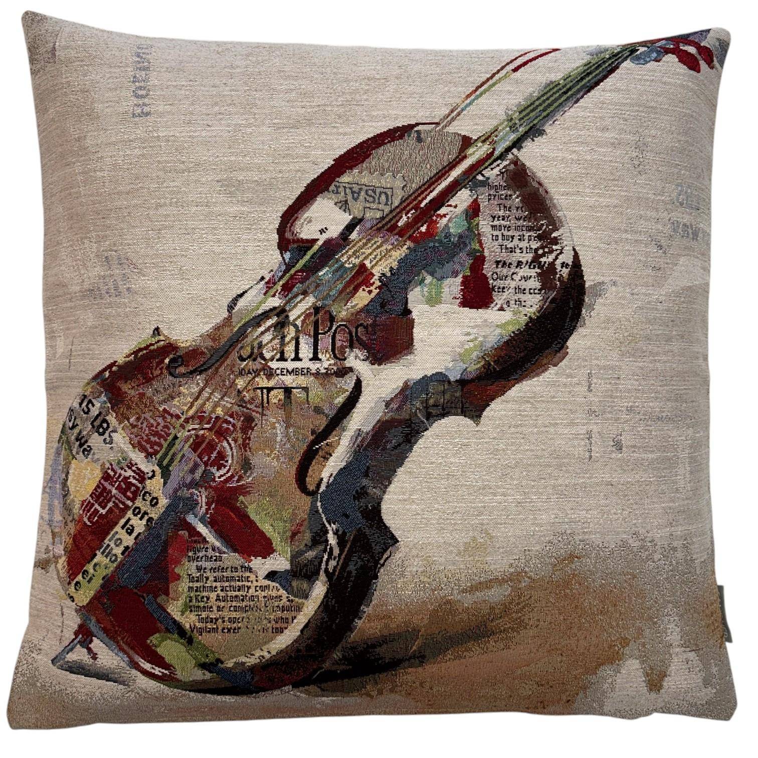 Künstlerische Kissenhülle mit Cello-Motiv aus hochwertigem Gobelin in modernen Natur- und Farbtönen
