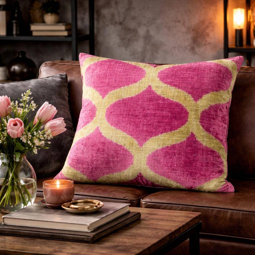 Thanks A LOT Kissenhülle 50 x 50 cm, Oberseite aus 100% Seide, organisches Muster in  Pink- Rose-Gelb