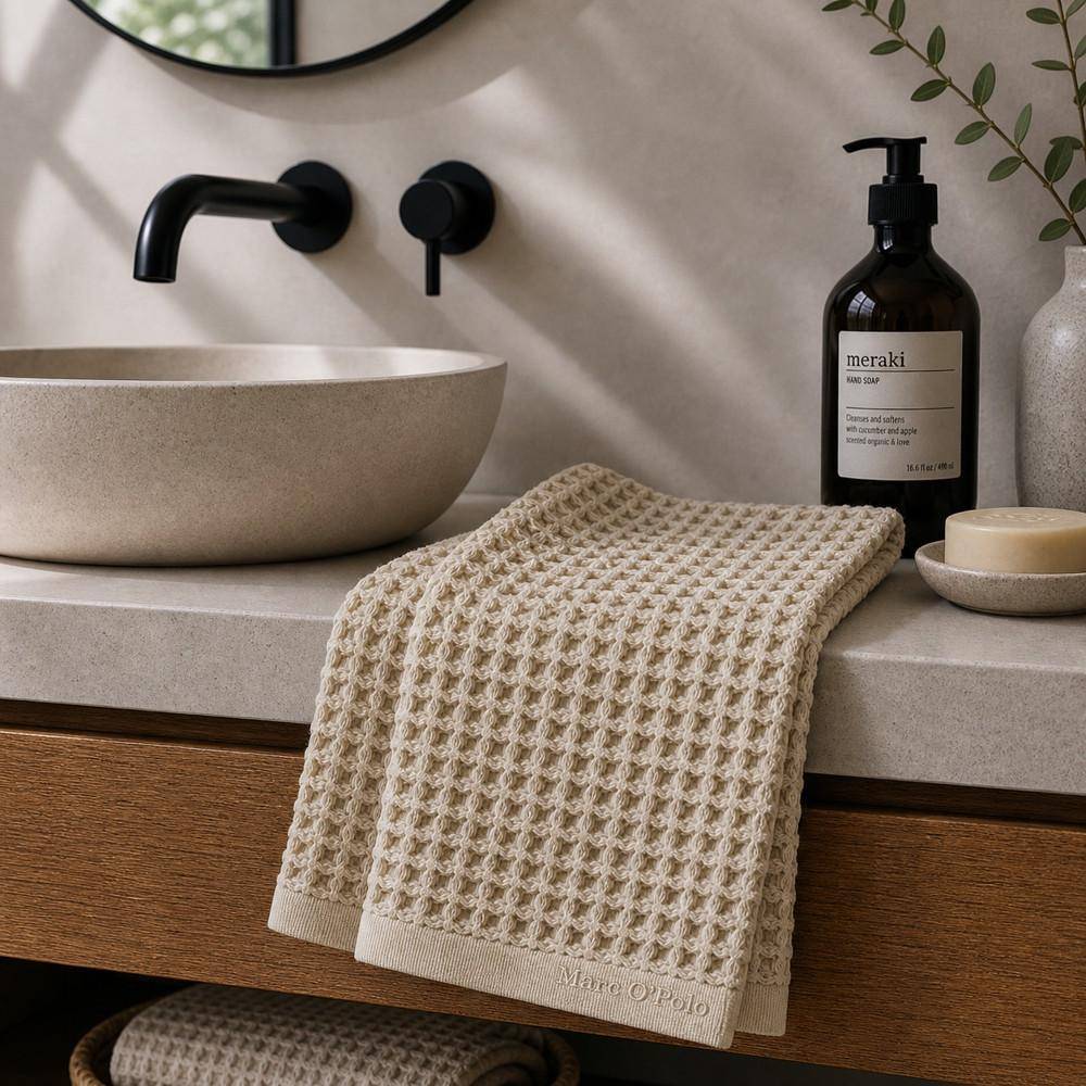 Marc O’Polo MOVA Handtuch Dark Sand – Beige Waffeloptik für modernes Badezimmer