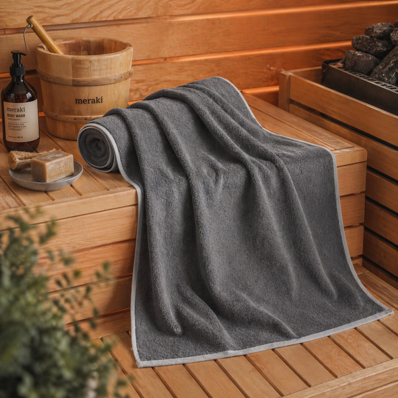 MARC O'POLO Timeless Melange Saunatuch in Anthrazit auf Holzbank in Sauna mit stilvollen Spa-Accessoires