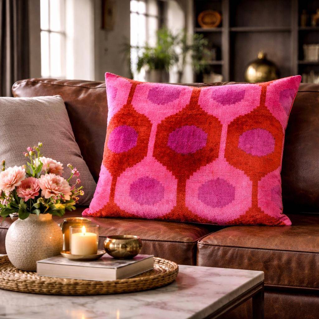 Quadratische Kissenhülle 50 x 50 cm mit grafischem Kreismuster in Rosa, Pink und Orange, Oberseite aus 100 % Seide auf Ledersofa im Wohnraum