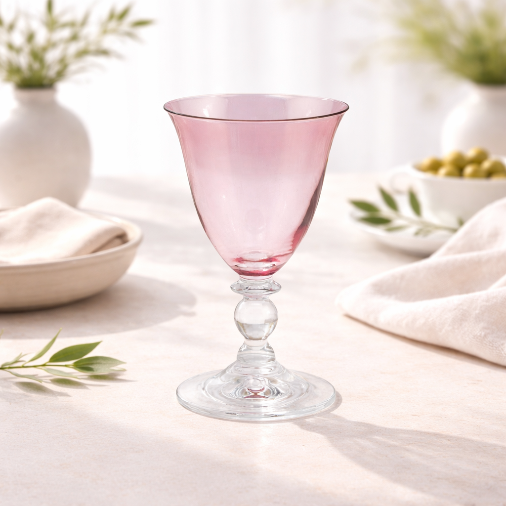 Paul Nagel Clara Weinglas aus rosa Kristallglas auf mediterran gedecktem Tisch mit heller Dekoration