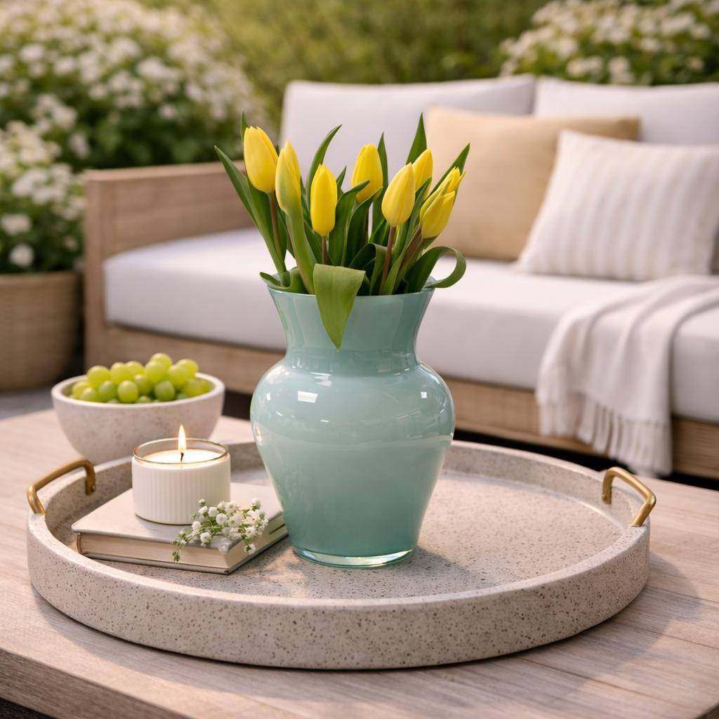 Paul Nagel Vase Viola blau – stilvolles Milieubild mit Tulpen