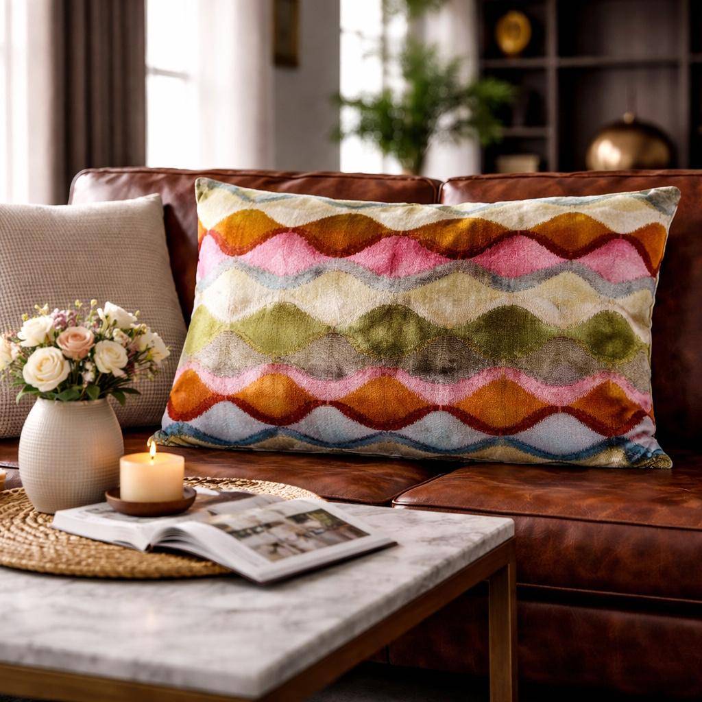 Kissenhülle 40 x 60 cm mit farbigem Wellenmuster in Multicolor, Oberseite aus 100 % Seide auf Ledersofa im Wohnraum