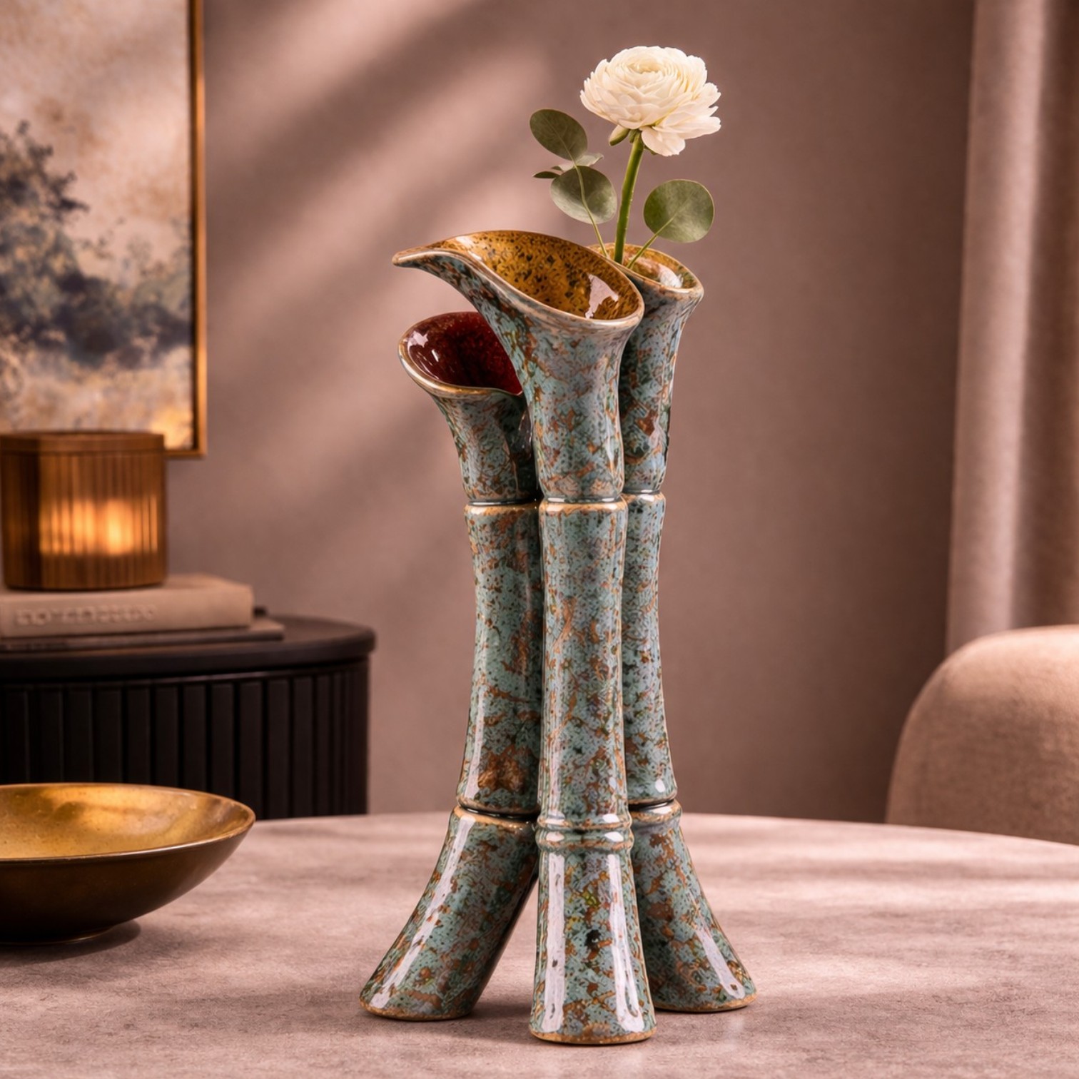 Luimes Vase in Blau mit strukturierter Oberfläche, modernes Design, ca. 33 cm