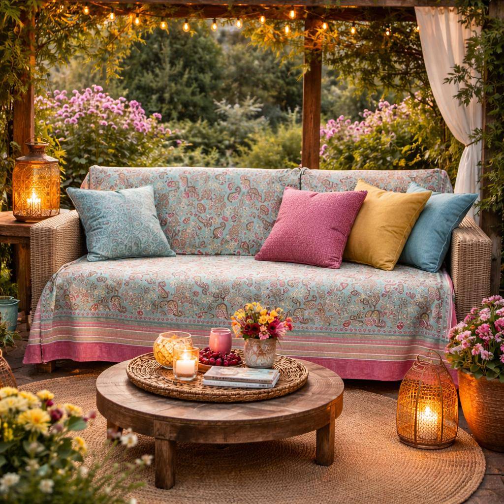 Bassetti Granfoulard Rappalo T1 in Türkis und Fuchsia als dekorativer Couchüberwurf im Garten mit Paisley-Muster