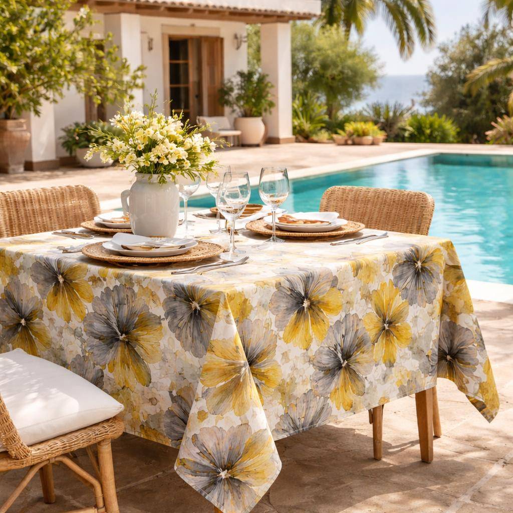 Sander Mitteldecke Jane in Gold Grau mit großem Blumenmuster in moderner Aquarelloptik auf reiner Baumwolle